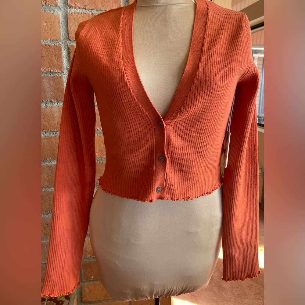 Good American Cropped Sweater Lettuce edge cardigan NWT